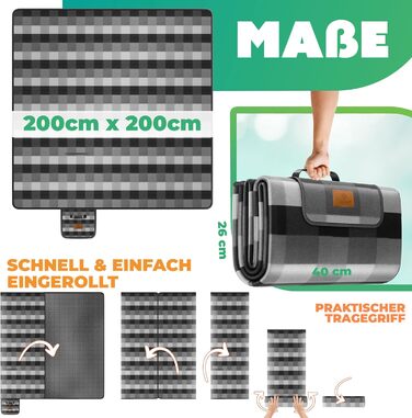 KESSER® Picnic Blanket Camping Blanket XXL 200 x 200 cm - Warm-insulated with waterproof underside, carrying handle. Foldable beach blanket, picnic blankets for 4-6 people. Washable picnic blanket.