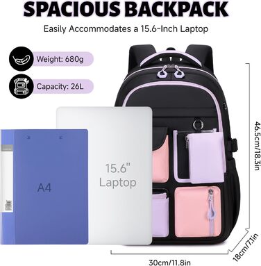 Шкільний рюкзак Tanou для дівчаток: великий, з тканини Oxford, з багатьма відділеннями, чорно-фіолетовий