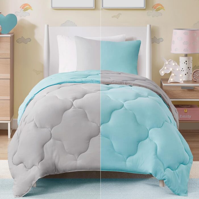 Комплект постільної білизни Comfort Spaces Vixie: стеганий дизайн, чорно-сірий, для всіх сезонів, з наволочками (Twin/Twin XL, Aqua/Grey)