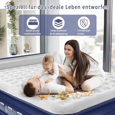 Надувна матрац KMZ з електричним насосом, подвійна висота - для дому, подорожей та кемпінгу. Міцна надувна ліжко (подвійний)