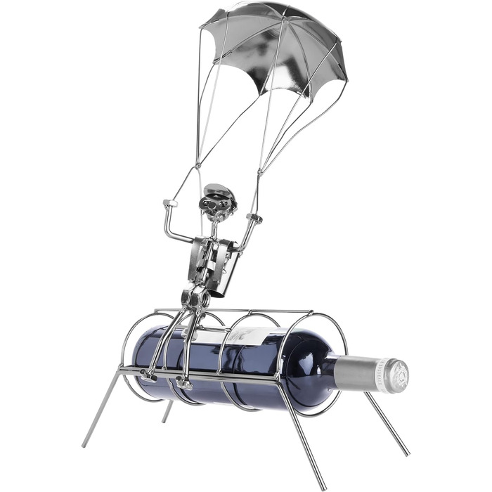 BRUBAKER Bottle Holder Parachutist - Metal Wine Bottle Holder Parachute Jump - Sculpture with Gift Card - Silver