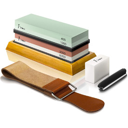 Набір для заточування ножів Schleifstein, двосторонній 400/1000/3000/8000 гріт, з відточувальним каменем, бамбуковою основою, кутовою направляючою, шкіряним ремінцем та полірувальною пастою