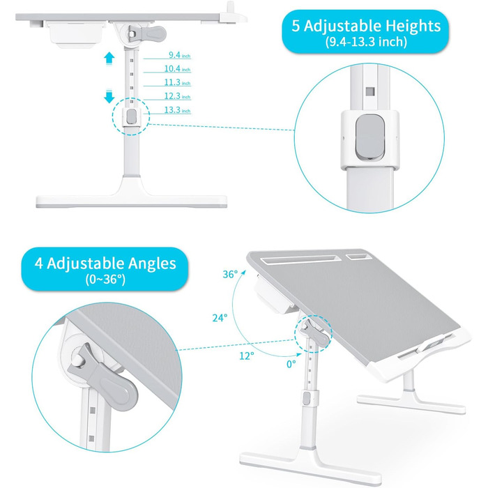 Столик для ноутбука KLEAR на ліжко, регульований, складний, XL, сірий (з сумкою 23.6'x15.7')
