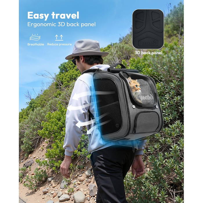 Рюкзак для кота Pecute з вікном-бульбашкою, переноска для тварин, сірий (42x32x26 см)