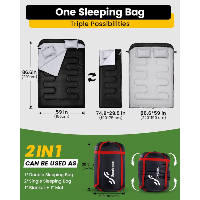 Сплячий мішок Outdoor Sportneer для 2 осіб, 220x150 см, 3.5 кг, з 2 подушками, 4 блискавки, дорослий, чорний
