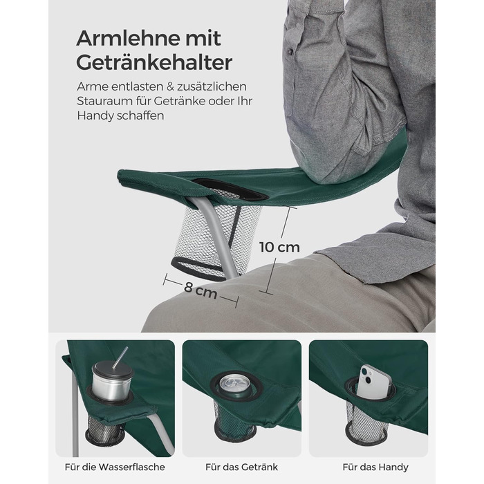 SONGMICS 2-Pack Folding Chair Camping Chair Folding Chair Comfortable Heavy-Duty Construction Max. Load Capacity 150 kg with Cup Holder Outdoor Chair (Dark Green)