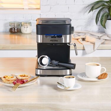 Petra Coffee Machine Barista Pro 1.5L, Semi-Automatic Espresso Machine with Milk Frother, Small Coffee Machine for Espresso & Cappuccino, Coffee Machine 15 Bar, 850W