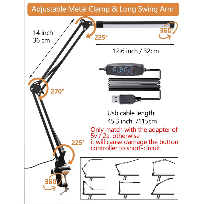 LED лампа настільна з регульованим шарніром, USB, диммування, захист очей, 3 режими, 10 рівнів яскравості, функція пам'яті для дому та офісу