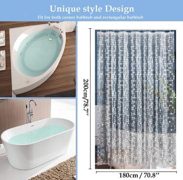 Завіса для душу LEMON CLOUD з антигрибковим покриттям, з магнітними вагами, 183x200 см, водонепроникна, антибактеріальна, PEVA, для душу та ванни, 12 кілець, геометричний дизайн