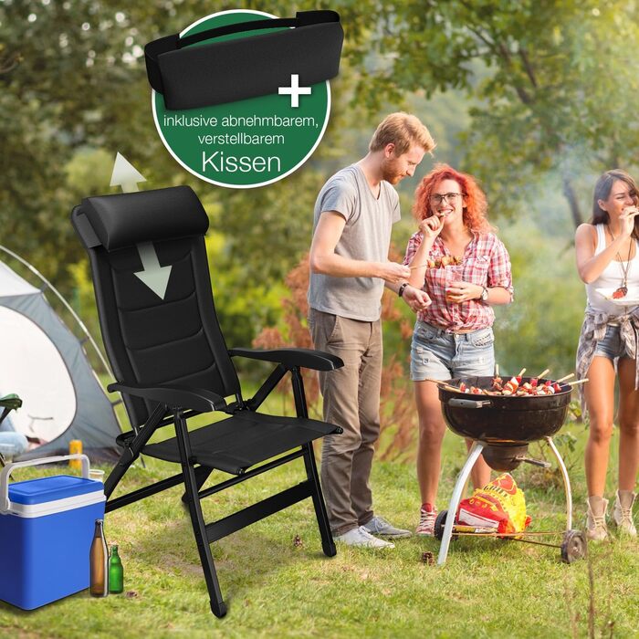 ELONEO Folding Camping Chair with Removable Footrest, Folding Chair Made of Aluminum, Folding Garden Chair, Reclining Chair with Adjustable Backrest, Camping Chair (Folding Chair with Footrest (with Premium Cushion), Black)