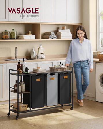 VASAGLE Laundry Basket with 3 Compartments, Laundry Collector 150 L, Laundry Sorter, Wheels, Laundry Cart with Shelves, Laundry Bag, with Removable Bags, 6 Labels, Chestnut Brown-Ink Black-Dove Gray BLH312B01