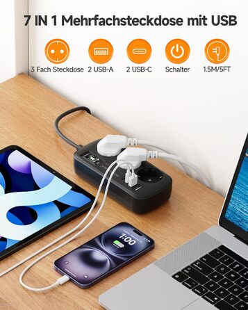 Многорозеткова станція з захистом від перенапруги, 3 розетки, 4 USB (2 USB-C), вимикач, кабель 1,5м, для дому/офісу, білий/чорний