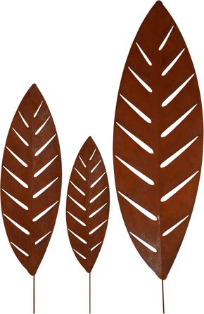 UNUS Garden Stakes Palm Leaf, Set of 3, Garden Decoration with Rust-Look, Decoration Leaf made of Weatherproof Stainless Steel for Garden, Balcony, Terrace or Flower Pot