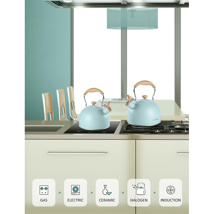 Чайник BELANKO з свистком, 2.5 л, нержавіюча сталь, з дерев'ястим декором, складна ручка, для чаю, кави, молока – блакитний