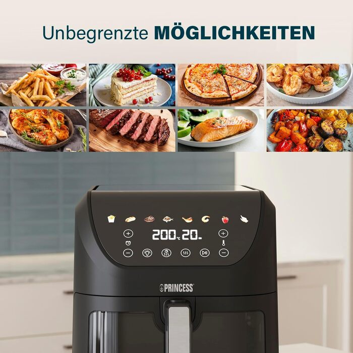 Princess SlimFry Hot Air Fryer 8 L, space-saving, fat-free cooking technology, 8 programs, viewing window, powerful (2000 W) and quiet operation (55 db), Black, Airfryer 01.182258.01.001 COMPACT, SLIM DESIGN 8L