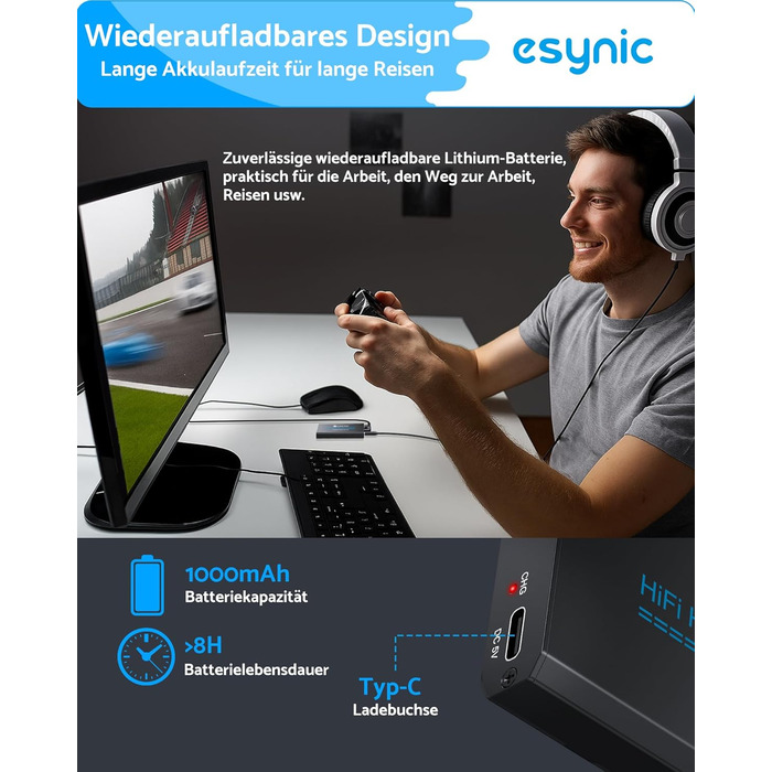 eSynic Підсилювач для навушників HiFi – портативний, 3.5mm AUX, 1000mAh, для MP3/MP4/Smartphone/PC, підходить для навушників 16-600 Ом, алюмінієвий корпус