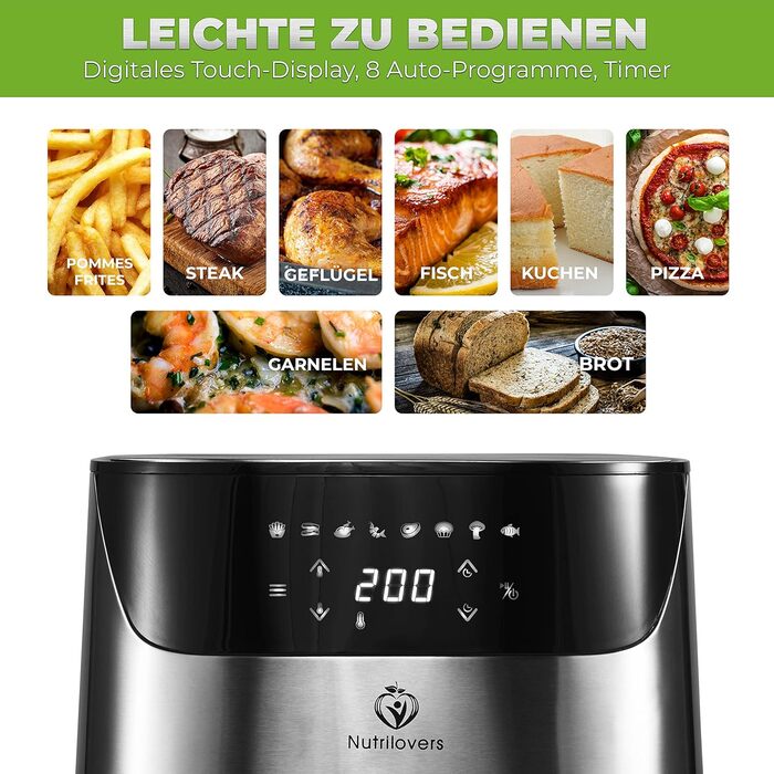 Аерофритюрниця NUTRI-FRYER XXL з нержавіючої сталі, 2000 Вт, 5 л, німецька марка, без масла, тестована, набір для приготування картоплі фрі