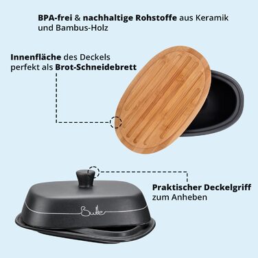 Набір контейнерів для зберігання KHG для кухні антрацитово-сірого кольору з дерев'яною кришкою, контейнери для продуктів з кераміки, з маркуванням, набір органайзерів для кухні, без пластику та світлонепроникні (хлібниця та маслобниця)