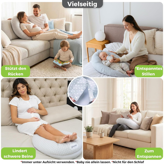 Подушка для вагітних Dilamababy з піною з пам'яті, Floken та волокнами - подушка для годування XXL - подушка для вагітних - багатофункціональна подушка для бокового положення зі 100% бавовняним чохлом для вагітних