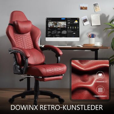 Ігровий крісло Dowinx Big and Tall з масажем попереку, підніжка, ергономічний комп'ютерний стілець, PU шкіра, 180 кг (Червоний)