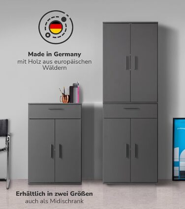 Multi-purpose cabinet 60cm wide with drawers 'The Practical', small office cabinet or filing cabinet, also as a shoe cabinet or storage cabinet in 60x90x34 cm (W/H/D) in White (Height 90CM, Anthracite Black)