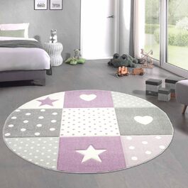 CARPETIA Kids Rug Play Rug Baby Rug Girl with Heart Star Purple Cream Grey Size 160 cm Round