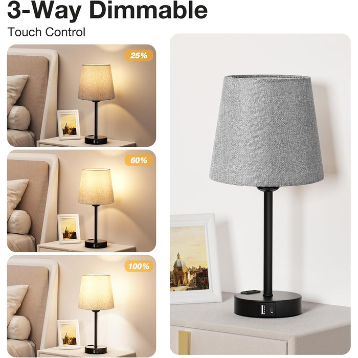 Настільна лампа Kakanuo з торшером, 2 шт., з USB-портами A+C, диммер, LED, для спальні, вітальні, дитячої кімнати, офісу (сірий/чорний)