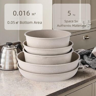 Набір посуду RIOVARM з індукційним дном, 15 предметів: каструлі та сковороди з антипригарним гранітним покриттям та знімними ручками, кришки з силікону. Без PFOA.