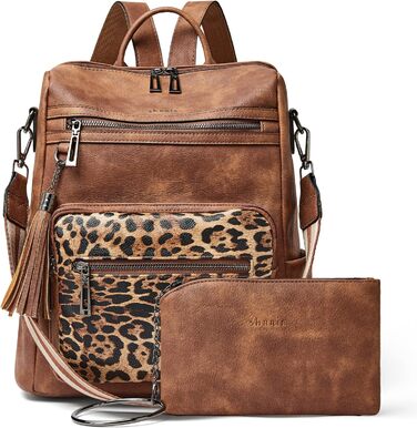 Шкіряний рюкзак-трансформер для жінок Shrrie: стильний рюкзак, сумка через плече, валіза, коричневий та леопардовий
