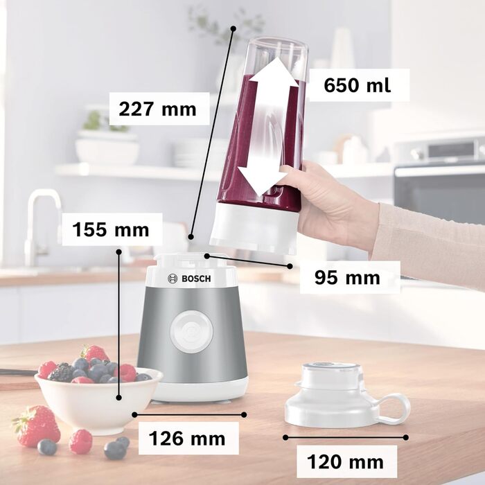 Міні-блендер Bosch VitaPower Serie 2 MMB2111T, 450 Вт, 0,6 л, тританова ToGo-пляшка, 4-лезове лезо, ударостійкий, для смузі, сріблястий/білий