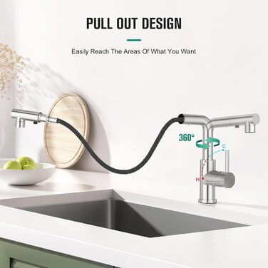 Кран кухонний CREA з 3 функціями, висувна лійка, поворот на 360°, матовий (з нержавіючої сталі)