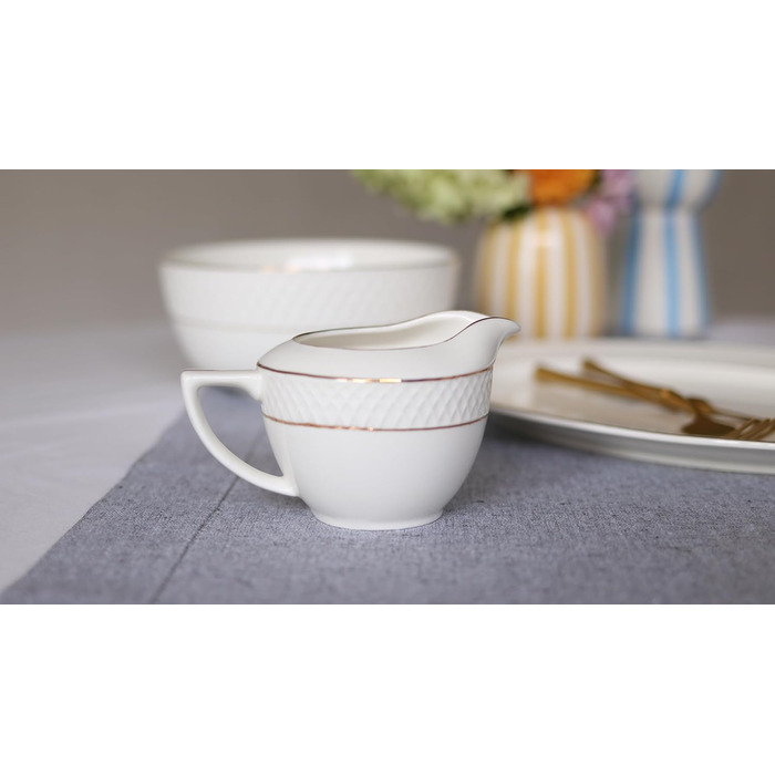 Wilmax Sugar Bowl + Milk Jug Set - 2-Piece - Porcelain Milk & Sugar Containers with Gold Pattern - White - Sugar Dispenser with Lid - Coffee Service for Milk Coffee Tea
