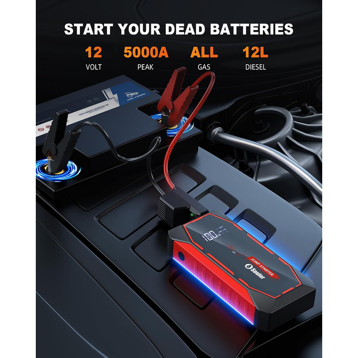 Бустер для автомобіля Cy8 5000A — Потужний пусковий пристрій (Jump Starter) для бензинових двигунів до 8л та дизельних до 6л, 12V, з LED-ліхтарем та EVA-кейсом