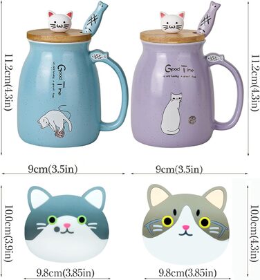 2-Pack Cat Mugs - Cute Ceramic Coffee Cups Set of 2 with Bamboo Lid and Spoon - Novelty Morning Cup Coffee, Milk, Tea Cups - 3D Cat Animal Mugs for Cat Lovers (blue and purple)