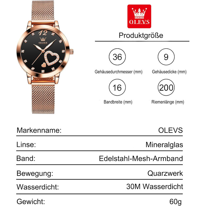 Годинник жіночий OLEVS Roségold: стильні годинники з нержавіючої сталі з діамантовим серцем, водонепроникні, ультратонкі, аналоговий годинник з сітчатим ремінцем, чорний циферблат, рожеве золото