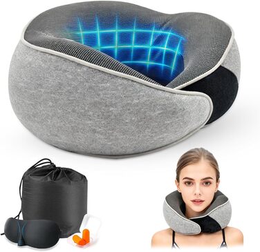 Подушка для шиї у літак, подушка для подорожей Memory Foam 360° підтримка, подушка-вичку для дорослих з берушами, маскою для очей та сумкою. Регульована компактна подушка для подорожей літаком, автомобілем, поїздом