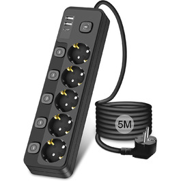 Мережевий фільтр з індивідуальним керуванням, 5 розеток з 2 USB-A та 1 USB-C, захист від перенапруги, 5 метрів, чорний