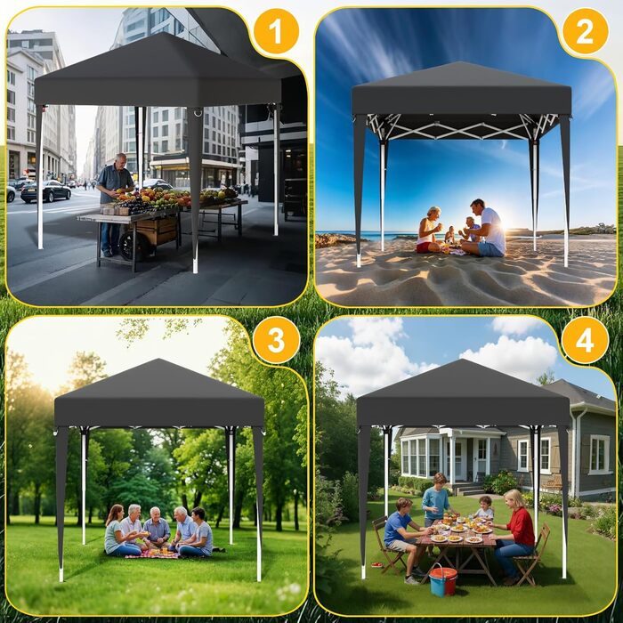 Devoko Gazebo, 2x2 Meter Waterproof, Stable, Winter-Proof, 3-Position Height Adjustment, Foldable Gazebo UV Protection 50+, Folding Tent, Foldable Gazebo with Carry Bag, For Garden, Outdoor, Camping, Grey