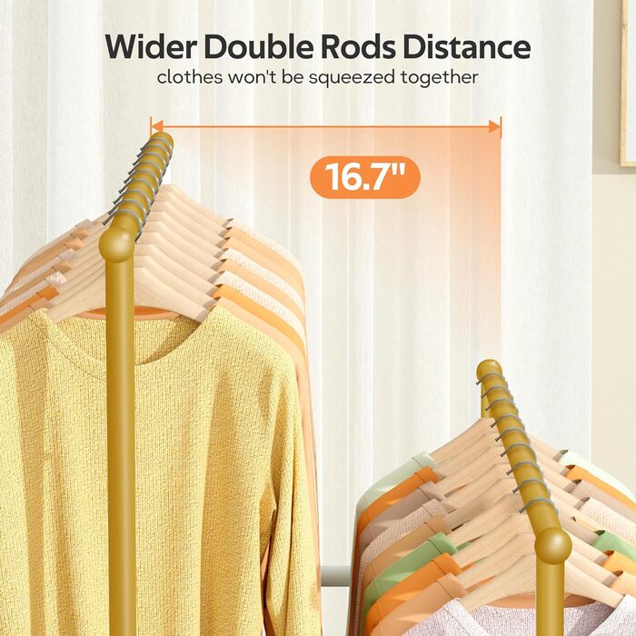 MISSLO Двоярусна вішалка для одягу, міцна конструкція, переносний гардероб для спальні, вітальні (Золотий)