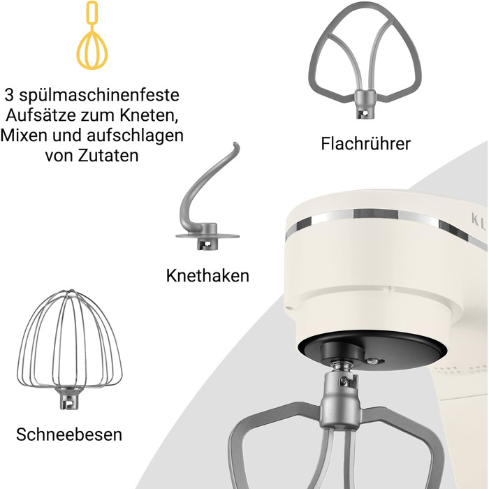 Кухонний комбайн KLAMER 1800W, планетарний міксер для тіста з чашею з нержавіючої сталі 6л (Premium Creme)