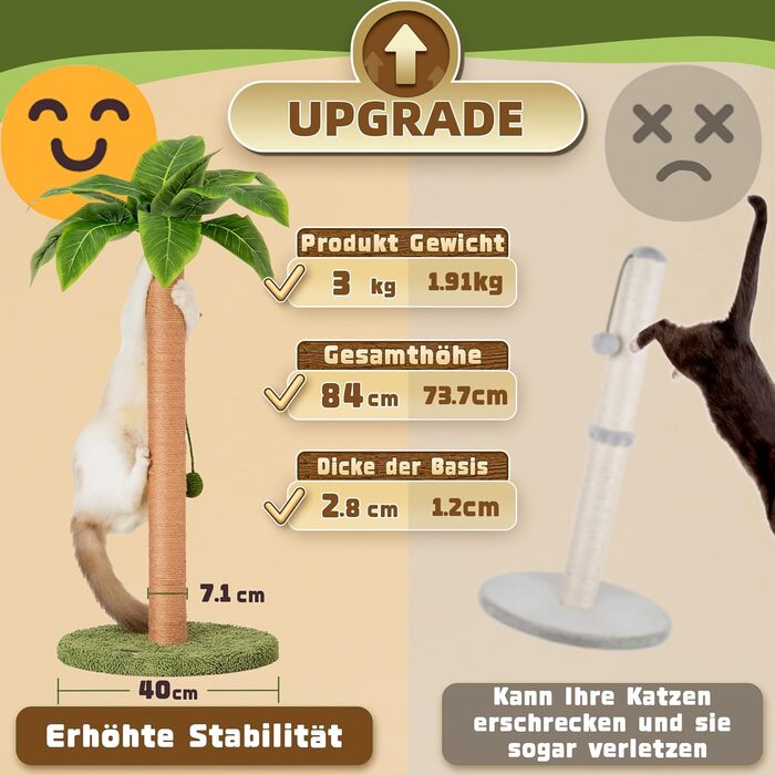 84 cm Scratching Posts Cute Cat Scratcher Kitten Scratch Tree with Sisal Rope for Indoor Cats Palm Cat Scratching Tree with Dangling Balls for Small Cats