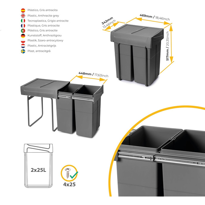 Відро для сміття на кухню Emuca з нижнім кріпленням, 2 висувні контейнери по 20 л, загальний об'єм 40 л (2 x 20 л), сталь та пластик, сірий (антрацитовий сірий).