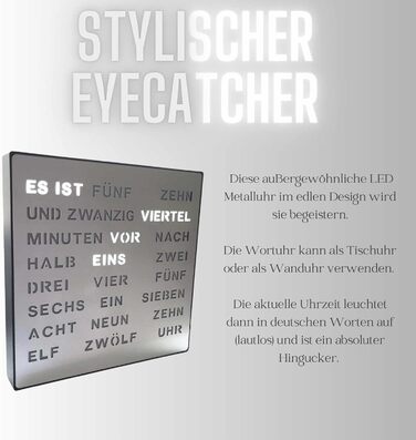 Bada Bing LED Word Clock Silver with German Word Display - elegant metal clock with USB cable wall clock modern - high-quality table clock silent for placing/hanging - decoration gift men's office living room