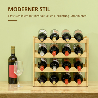 HOMCOM Bamboo Wine Rack Bottle Stand for 16 Bottles, 43x23.5x38cm, Stylish Natural Wood Design for Kitchen & Living Room