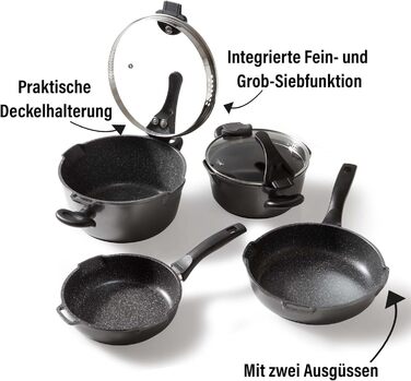 STONELINE Future Induction, 8-piece cookware set with sieve lids, cooking pot set coated with real stone particles, cast aluminum pots and pans suitable for all cooktops