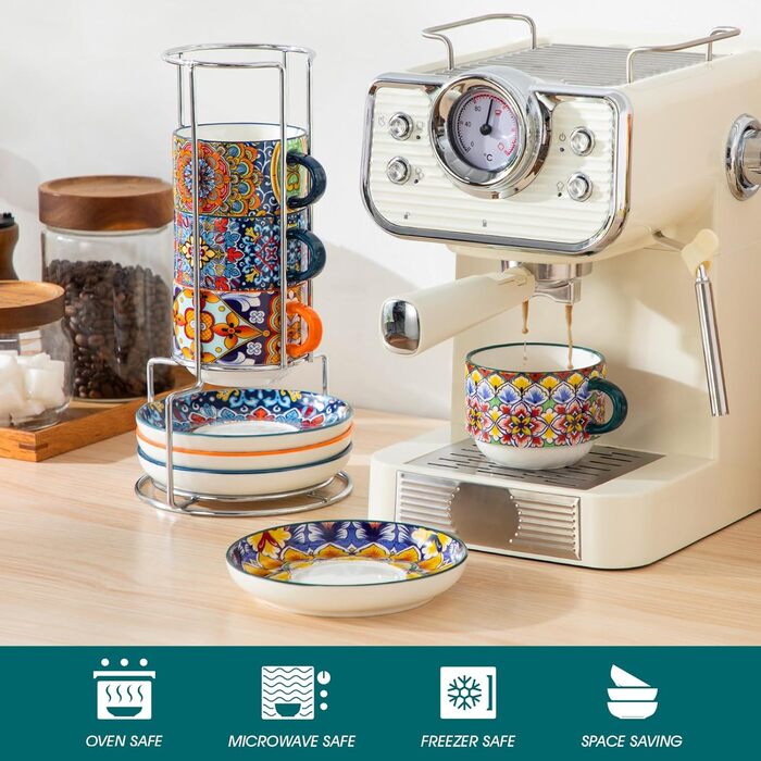 Набір чашок для еспресо Vancasso 4 шт., 150 мл SIMI з підставками та стійкою, керамічні, для капучино, еспресо, лате