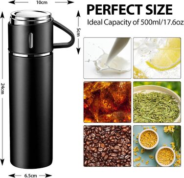 Stainless Steel Thermos Flask with Cup and Handle - 500ml Insulated Travel Mug, Leak-Proof, Double-Walled, Vacuum Insulated, Hot/Cold for Kids, Sports (Black)