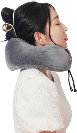 Подушка для шиї з піною з пам'яті, 360-градусна підтримка голови, зручна та легка, ідеальна для сну в літаку, авто, поїзді, автобусі та вдома, з чохлом для зберігання (Сіра)