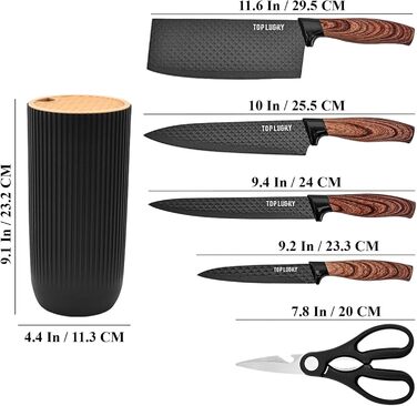 Набір кухонних ножів, 6 предметів, чорний, гострий, з антипригарним покриттям, нержавіюча сталь, з підставкою для ножів (чорний)