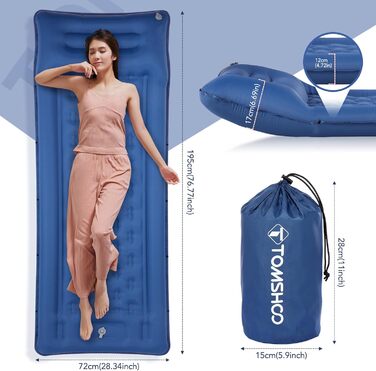 Надувний килимок для кемпінгу Tomshoo з інтегрованим насосом, подушкою та сумкою, блакитний